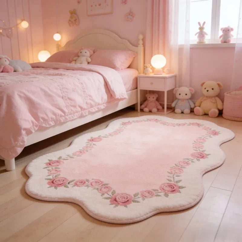 Pink Floral Fluffy Rug