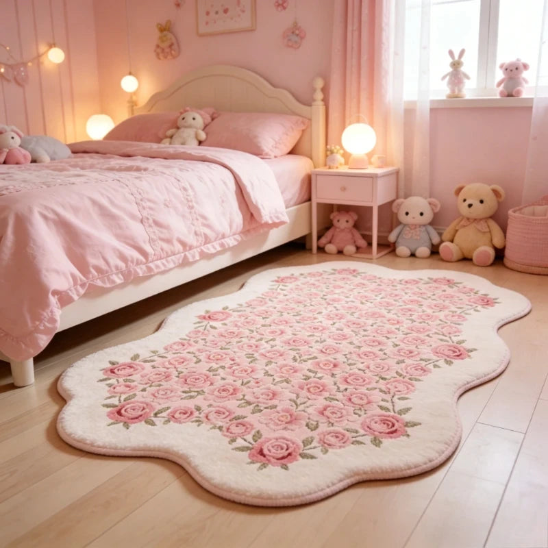 Pink Floral Fluffy Rug