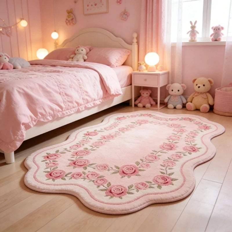Pink Floral Fluffy Rug