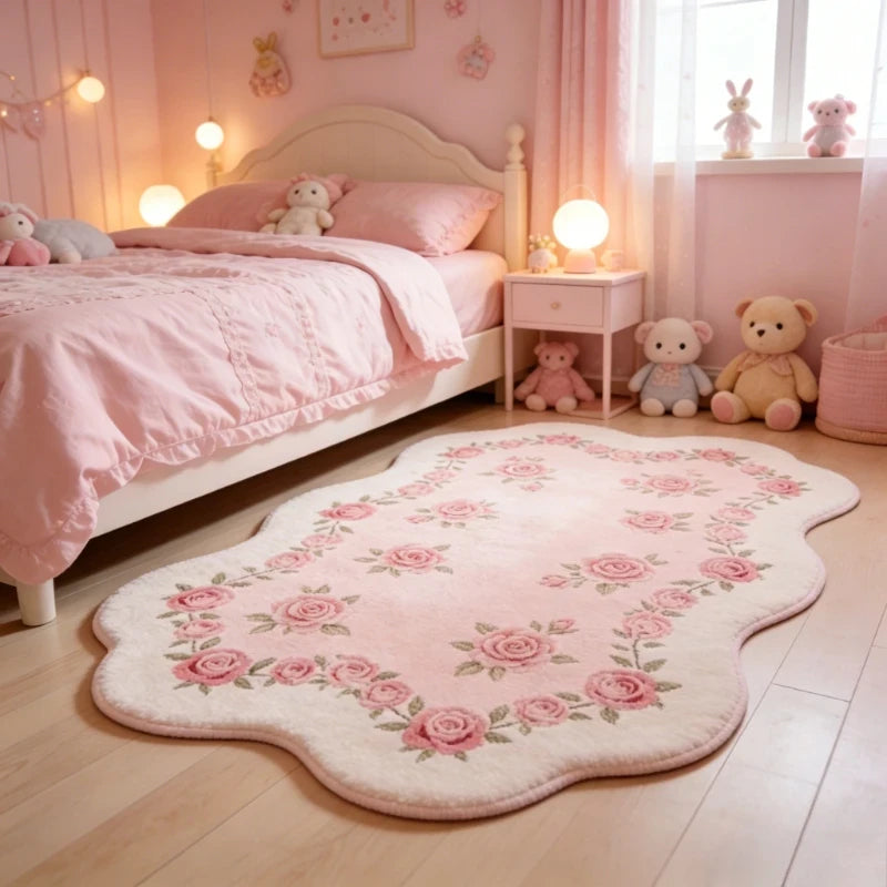 Pink Floral Fluffy Rug