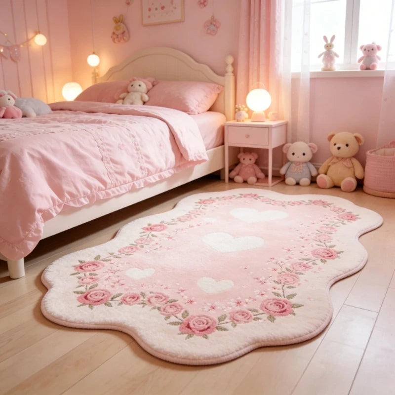 Pink Floral Fluffy Rug