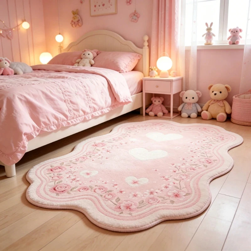 Pink Floral Fluffy Rug
