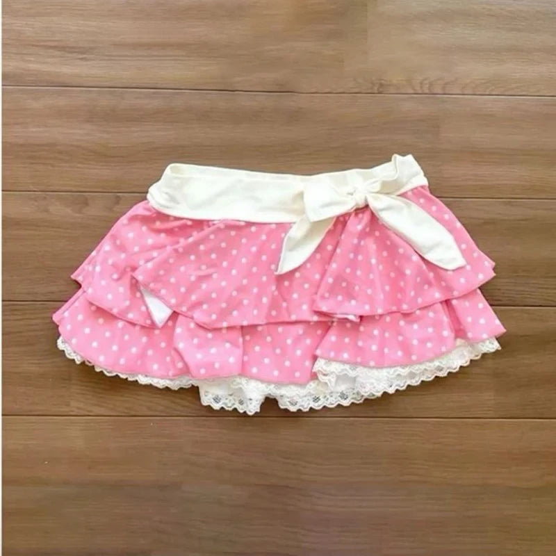 Polka Dot Lace Bow Mini Skirt